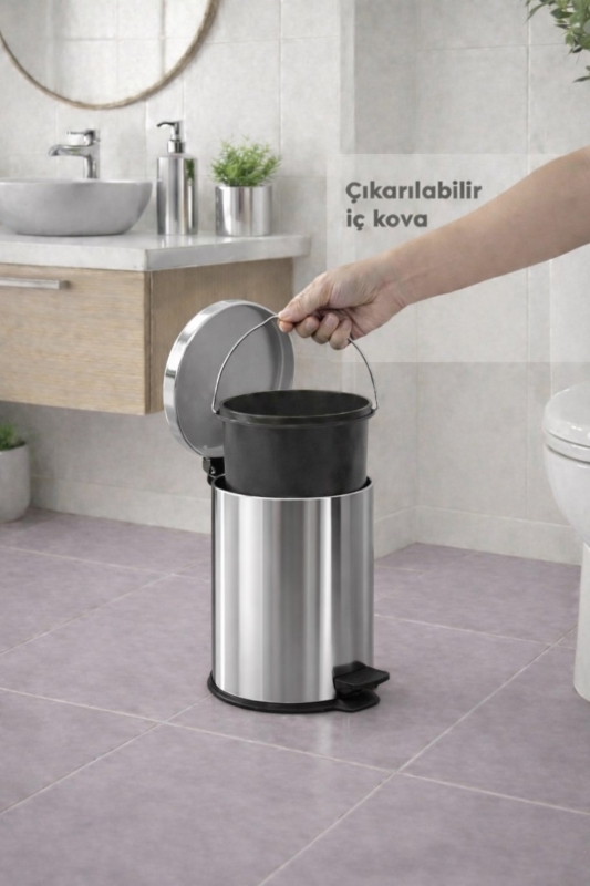 Krom 2'li Banyo Seti - Metal Çöp Kovası 3 Lt Ve Wc Fırçası Takımı Elit 7200 - 7