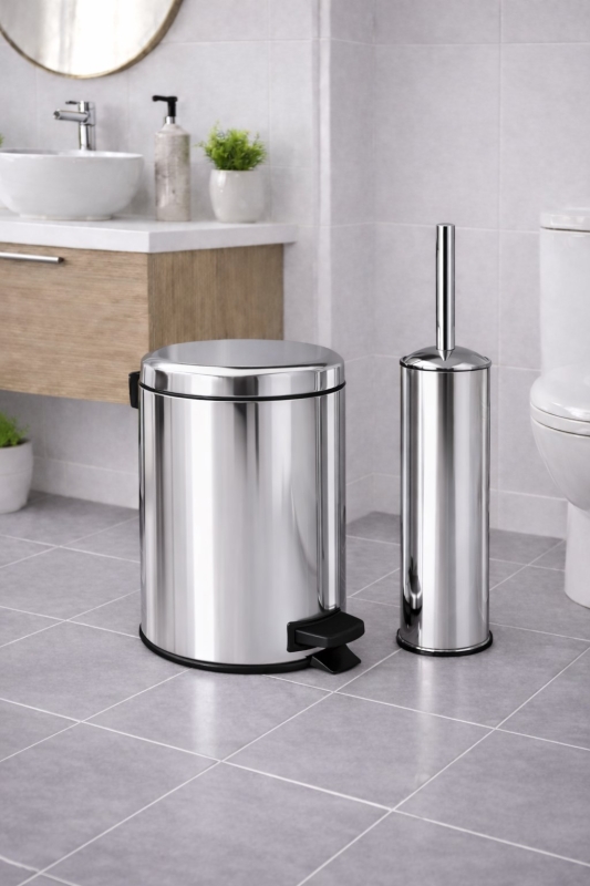Krom 2'li Banyo Seti - Metal Çöp Kovası 3 Lt Ve Wc Fırçası Takımı Elit 7200 - 1