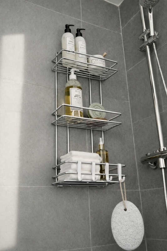 Krom 3 Katlı Banyo Rafı Şampuanlık Ve Duş Rafı Askılı Yapışkanlı Duvara Monte TŞ-03 - 5