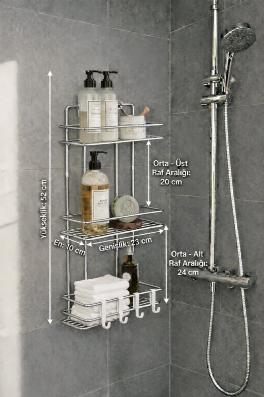 Krom 3 Katlı Banyo Rafı Şampuanlık Ve Duş Rafı Askılı Yapışkanlı Duvara Monte TŞ-03 - 7