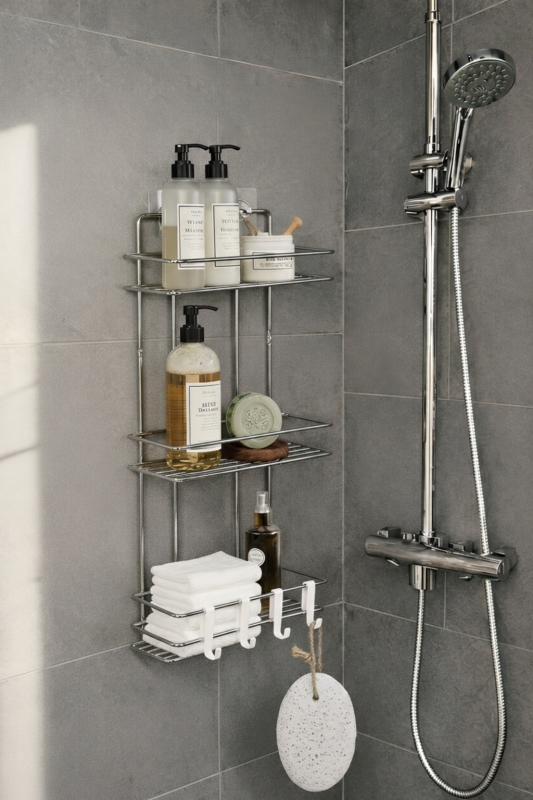 Krom 3 Katlı Banyo Rafı Şampuanlık Ve Duş Rafı Askılı Yapışkanlı Duvara Monte TŞ-03 - 1