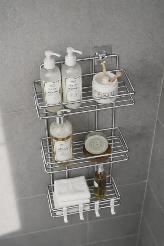 Krom 3 Katlı Banyo Rafı Şampuanlık Ve Duş Rafı Askılı Yapışkanlı Duvara Monte TŞ-03 - 3