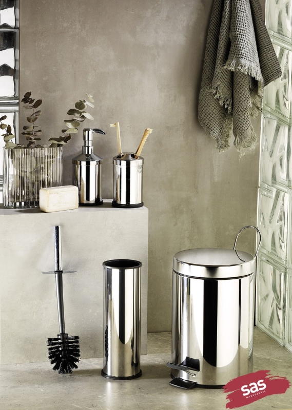 Krom 3 Lt Çöp Kovası, Tuvalet/WC Fırçası, Sabunluk, Diş Fırçalık 4'lü Banyo Seti - 1