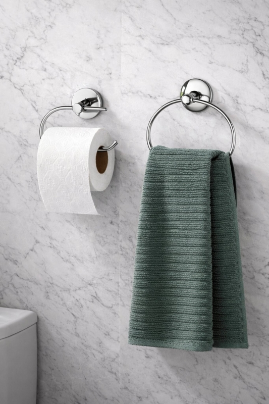 Krom Banyo Aksesuar Seti Yapışkanlı Havlu Askılığı Halka + Tuvalet Kağıdı Askılığı S-107-102 Krom - 1