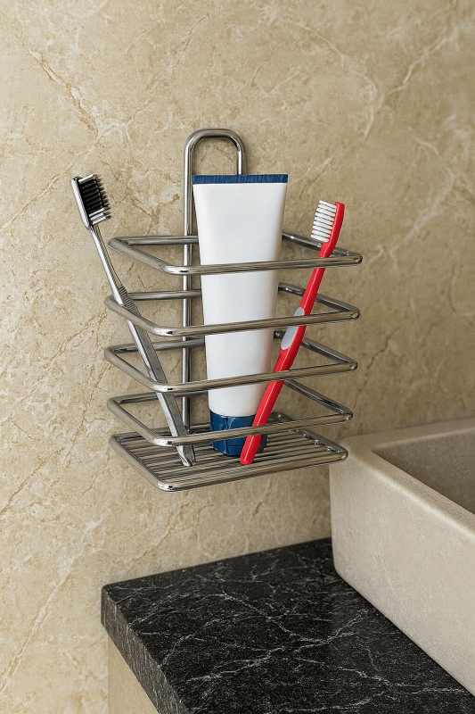 Krom Yapışkanlı Diş Fırçalık - Duvar Tipi, Çok Amaçlı Organizer - Paslanmaz Metal - DŞ-01 - 1