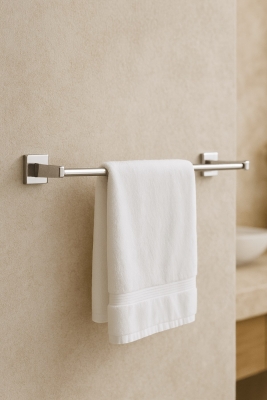 Krom Yapışkanlı Uzun Havluluk – Kare Topuzlu Metal Banyo Havlu Askısı, Dayanıklı & Şık - Sas Haus