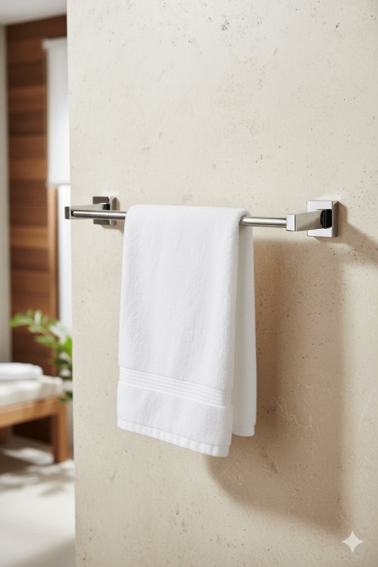 Krom Yapışkanlı Uzun Havluluk – Kare Topuzlu Metal Banyo Havlu Askısı, Dayanıklı & Şık - 2