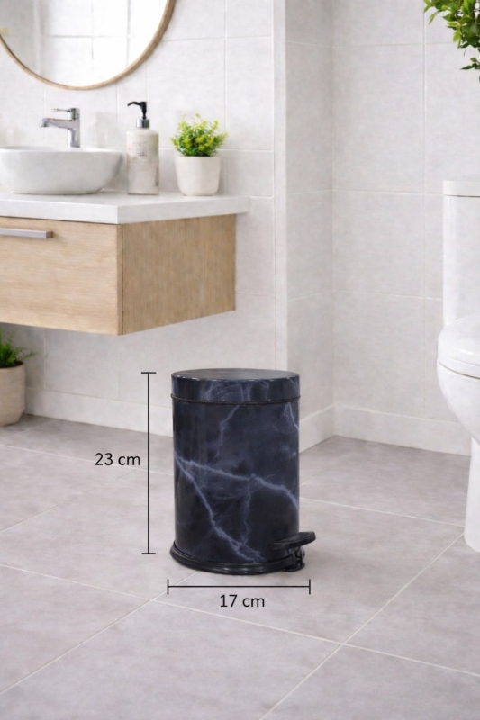 Lacivert Mermer Desenli 2'li Banyo Seti - Metal Çöp Kovası 3 Lt ve WC Fırçası Takımı - 2