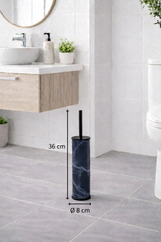 Lacivert Mermer Desenli 2'li Banyo Seti - Metal Çöp Kovası 3 Lt ve WC Fırçası Takımı - 3