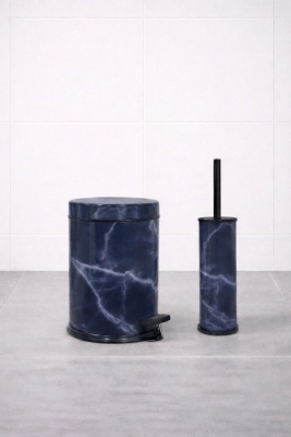 Lacivert Mermer Desenli 2'li Banyo Seti - Metal Çöp Kovası 3 Lt ve WC Fırçası Takımı - 4