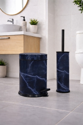 Lacivert Mermer Desenli 2'li Banyo Seti - Metal Çöp Kovası 3 Lt ve WC Fırçası Takımı - 5