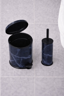 Lacivert Mermer Desenli 2'li Banyo Seti - Metal Çöp Kovası 3 Lt ve WC Fırçası Takımı - 6