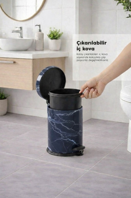 Lacivert Mermer Desenli 2'li Banyo Seti - Metal Çöp Kovası 3 Lt ve WC Fırçası Takımı - 7