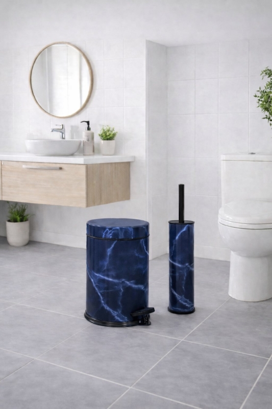 Lacivert Mermer Desenli 2'li Banyo Seti - Metal Çöp Kovası 3 Lt ve WC Fırçası Takımı - 8