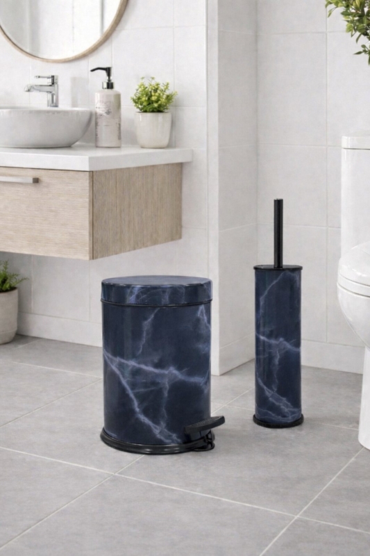 Lacivert Mermer Desenli 2'li Banyo Seti - Metal Çöp Kovası 3 Lt ve WC Fırçası Takımı - 1