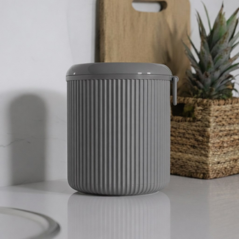 Lines Lüks Çizgili Tezgah Üstü Mutfak Çöp Kovası - Gri Kapaklı Atık Kutusu 5 Litre 3029 - 3
