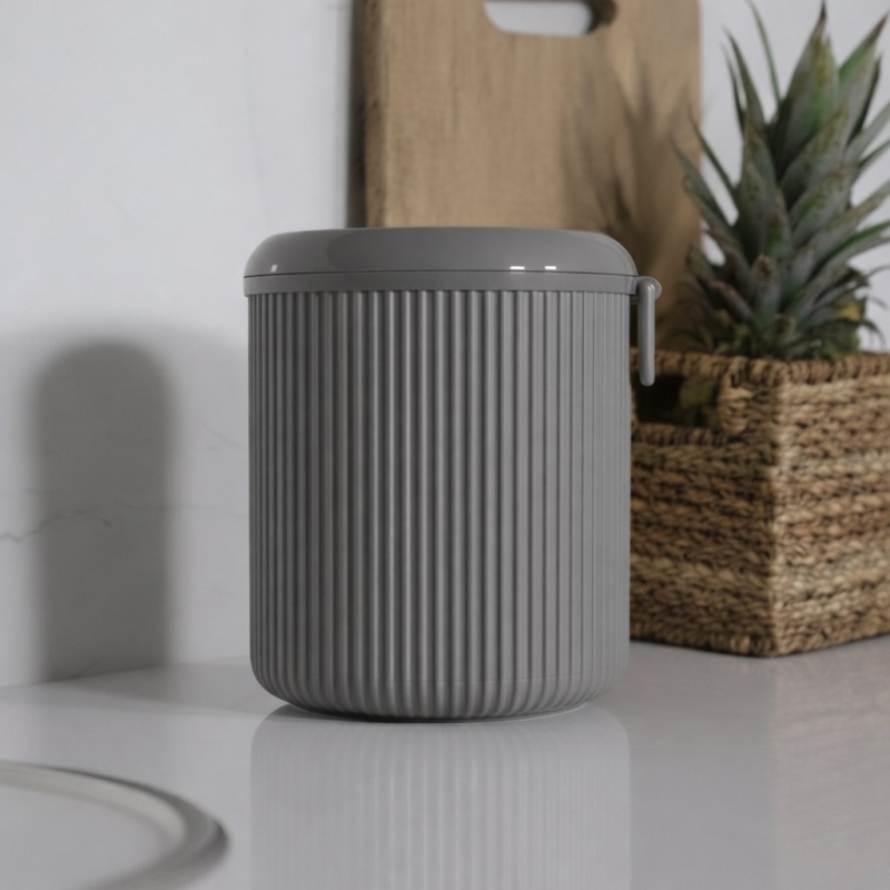 Lines Lüks Çizgili Tezgah Üstü Mutfak Çöp Kovası - Gri Kapaklı Atık Kutusu 5 Litre 3029 - 5