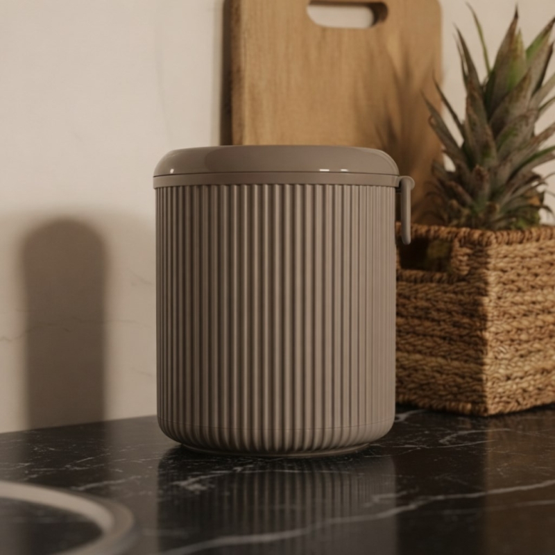 Lines Lüks Çizgili Tezgah Üstü Mutfak Çöp Kovası - Gri Kapaklı Atık Kutusu 5 Litre 3029 - 6