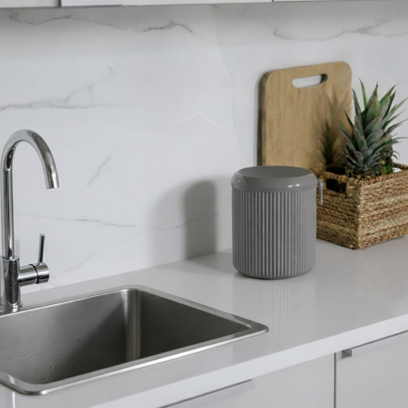 Lines Lüks Çizgili Tezgah Üstü Mutfak Çöp Kovası - Gri Kapaklı Atık Kutusu 5 Litre 3029 - 7