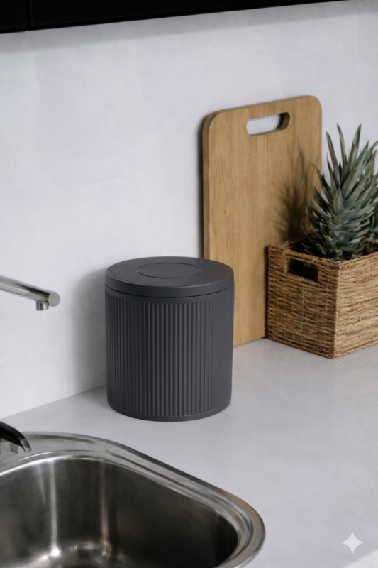 Lines Lüks Çizgili Tezgah Üstü Mutfak Çöp Kovası - Gri Kapaklı Atık Kutusu 5 Litre 3372 - 1