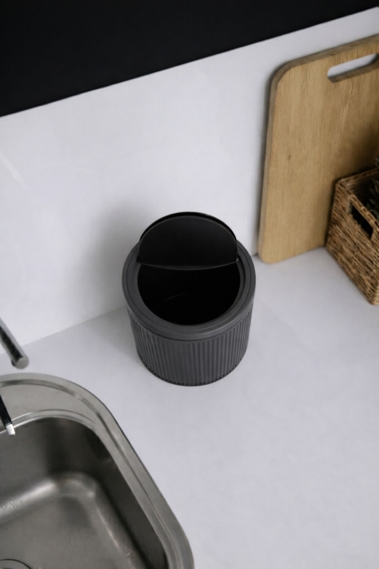 Lines Lüks Çizgili Tezgah Üstü Mutfak Çöp Kovası - Gri Kapaklı Atık Kutusu 5 Litre 3372 - 4