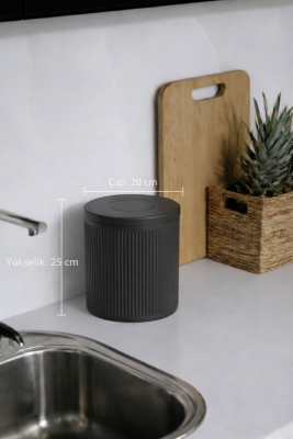 Lines Lüks Çizgili Tezgah Üstü Mutfak Çöp Kovası - Gri Kapaklı Atık Kutusu 5 Litre 3372 - 9