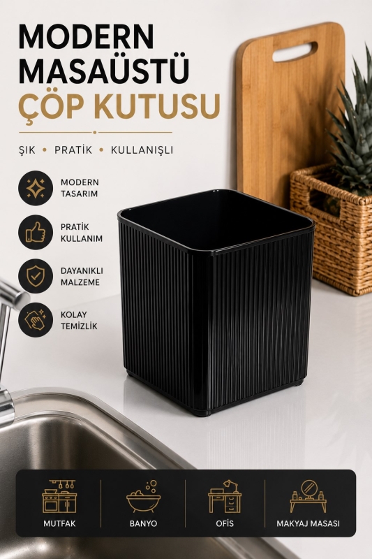 Lines Lüks Çizgili Tezgah Üstü Mutfak Çöp Kovası - Siyah Atık Kutusu Kapaksız 5 Litre 3068 - 1