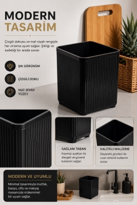 Lines Lüks Çizgili Tezgah Üstü Mutfak Çöp Kovası - Siyah Atık Kutusu Kapaksız 5 Litre 3068 - 2