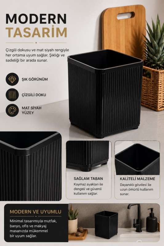 Lines Lüks Çizgili Tezgah Üstü Mutfak Çöp Kovası - Siyah Atık Kutusu Kapaksız 5 Litre 3068 - 2