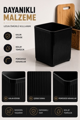 Lines Lüks Çizgili Tezgah Üstü Mutfak Çöp Kovası - Siyah Atık Kutusu Kapaksız 5 Litre 3068 - 4