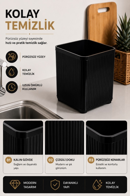 Lines Lüks Çizgili Tezgah Üstü Mutfak Çöp Kovası - Siyah Atık Kutusu Kapaksız 5 Litre 3068 - 5