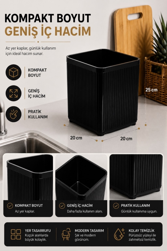 Lines Lüks Çizgili Tezgah Üstü Mutfak Çöp Kovası - Siyah Atık Kutusu Kapaksız 5 Litre 3068 - 6