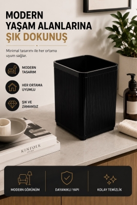 Lines Lüks Çizgili Tezgah Üstü Mutfak Çöp Kovası - Siyah Atık Kutusu Kapaksız 5 Litre 3068 - 7