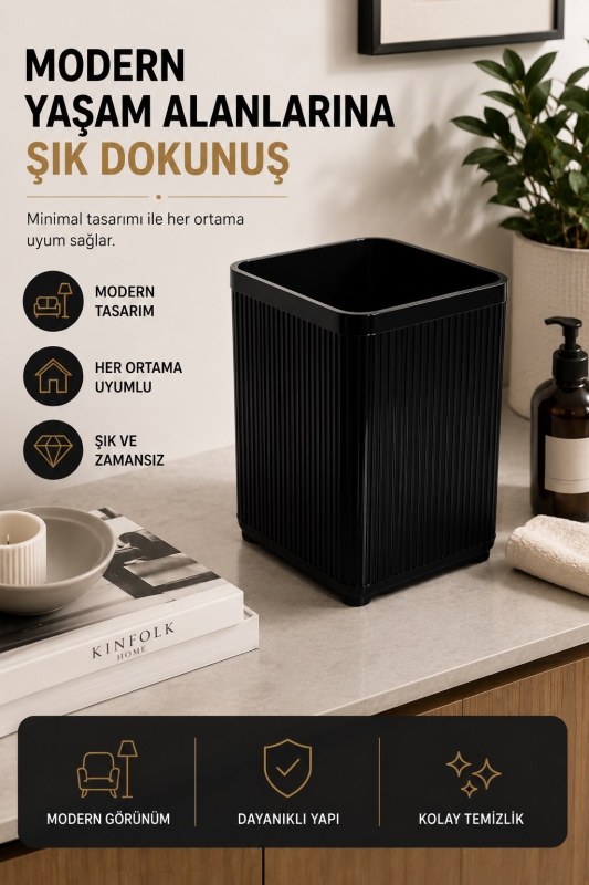 Lines Lüks Çizgili Tezgah Üstü Mutfak Çöp Kovası - Siyah Atık Kutusu Kapaksız 5 Litre 3068 - 7