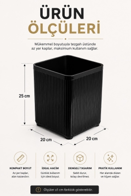 Lines Lüks Çizgili Tezgah Üstü Mutfak Çöp Kovası - Siyah Atık Kutusu Kapaksız 5 Litre 3068 - 8