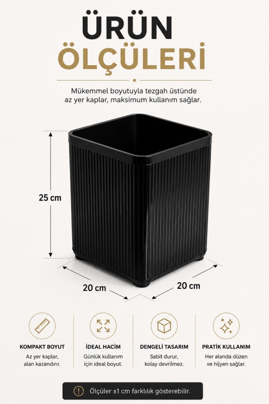 Lines Lüks Çizgili Tezgah Üstü Mutfak Çöp Kovası - Siyah Atık Kutusu Kapaksız 5 Litre 3068 - 8