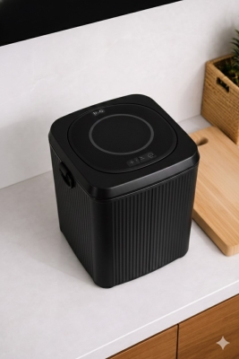 Lines Lüks Çizgili Tezgah Üstü Mutfak Çöp Kovası - Siyah Kapaklı Atık Kutusu 5 Litre 3012 - 4