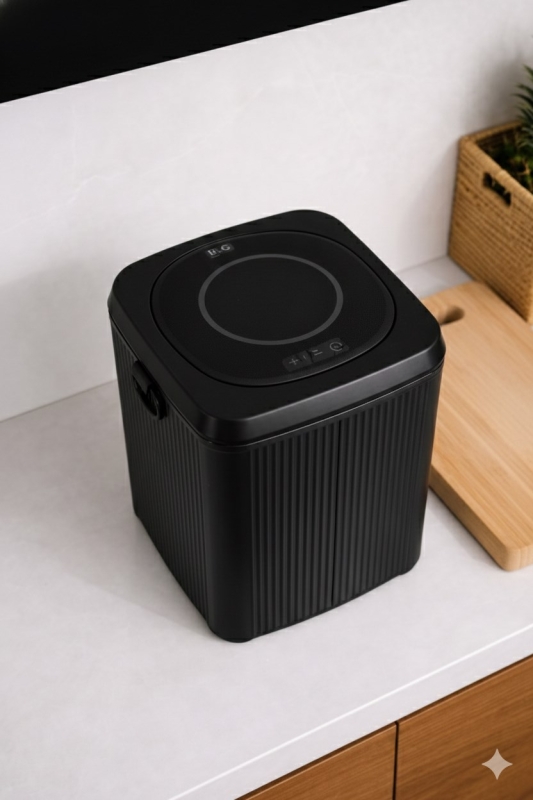 Lines Lüks Çizgili Tezgah Üstü Mutfak Çöp Kovası - Siyah Kapaklı Atık Kutusu 5 Litre 3012 - 4