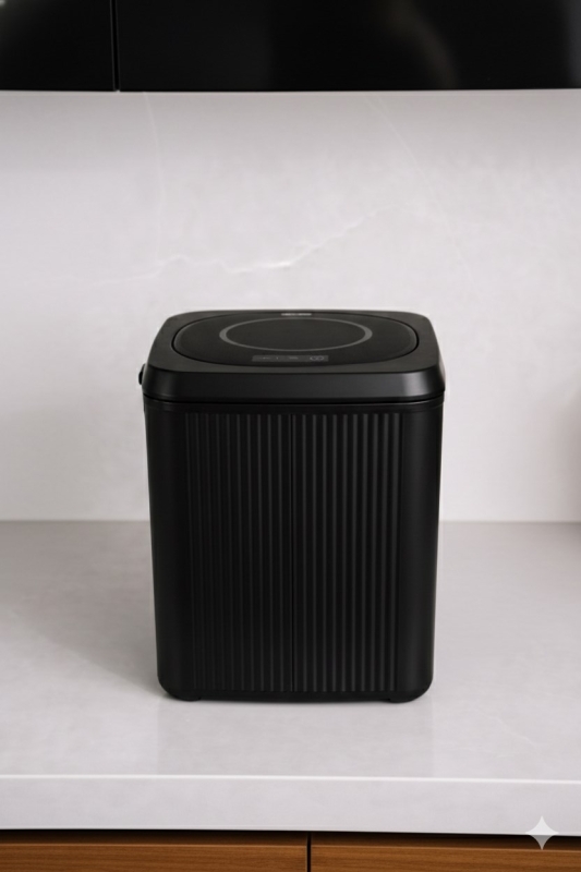 Lines Lüks Çizgili Tezgah Üstü Mutfak Çöp Kovası - Siyah Kapaklı Atık Kutusu 5 Litre 3012 - 5