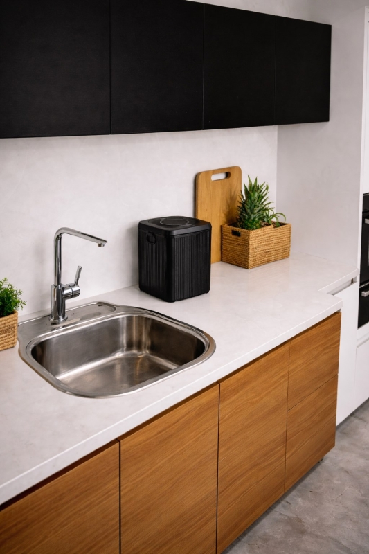 Lines Lüks Çizgili Tezgah Üstü Mutfak Çöp Kovası - Siyah Kapaklı Atık Kutusu 5 Litre 3012 - 7