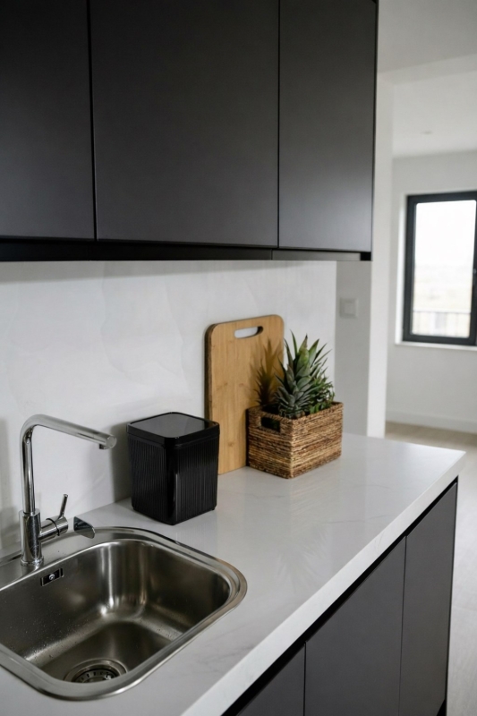 Lines Lüks Çizgili Tezgah Üstü Mutfak Çöp Kovası - Siyah Kapaklı Atık Kutusu - 7