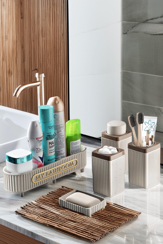 Lines Serisi Açık Gri Banyo Seti, 5 Parça Akrilik Organizer, Sabunluk, Diş Fırçalık, Pamukluk Takım - 1