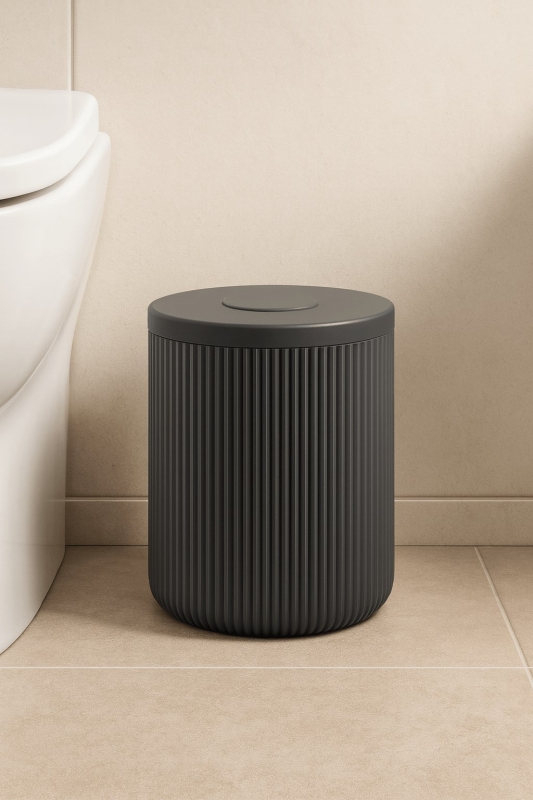 Lines Serisi Antrasit/Gri Akrilik Çöp Kovası – Silindir, 5 Litre, 25cm, Kolay Temizlenir - 3372 - 5