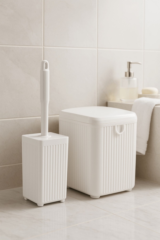 Lines Serisi Beyaz 2'li Banyo Seti, Akrilik Kare 5 Litre Çöp Kovası, Tuvalet Fırçası Takımı 3460 - 1