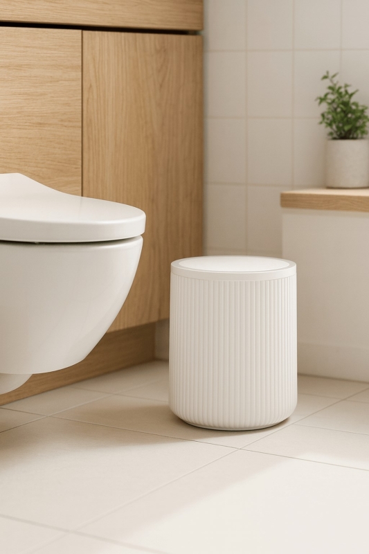 Lines Serisi Beyaz Akrilik Çöp Kovası – Silindir, 5 Litre, 25cm, Kolay Temizlenir - 3376 - 3