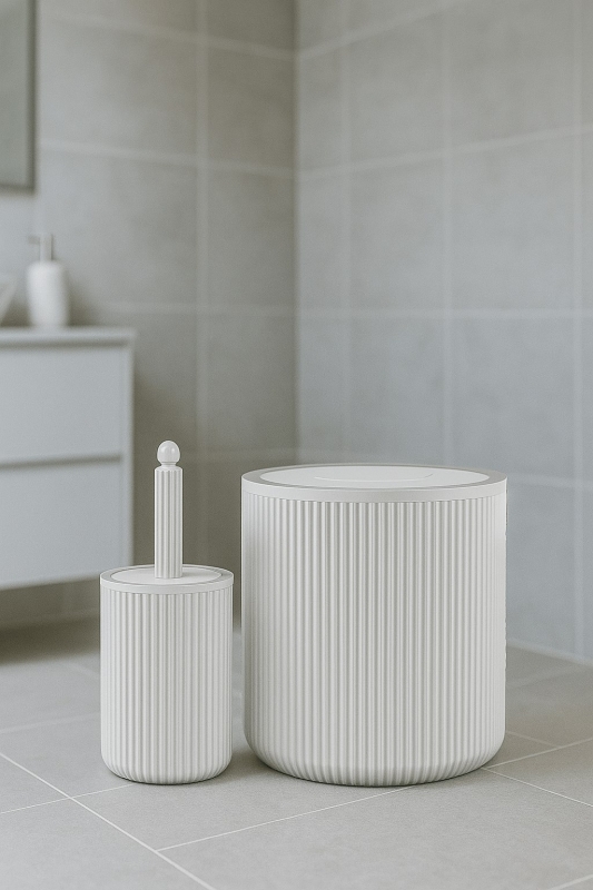 Lines Serisi Beyaz Banyo Seti, 2 Parça Akrilik Silindir 5 Litre Çöp Kovası ve Tuvalet Fırçası Takımı - 6