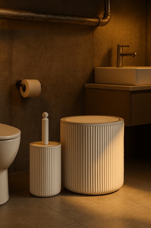 Lines Serisi Beyaz Banyo Seti, 2 Parça Akrilik Silindir 5 Litre Çöp Kovası ve Tuvalet Fırçası Takımı - 9