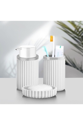 Lines Serisi Beyaz Banyo Seti, 3 Parça Oval Akrilik Sabunluk Fırçalık ve Sıvı Sabunluk Takımı - 3319 - 1