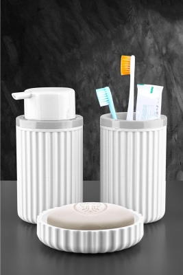 Lines Serisi Beyaz Banyo Seti, 3 Parça Oval Akrilik Sabunluk Fırçalık ve Sıvı Sabunluk Takımı - 3319 - 2