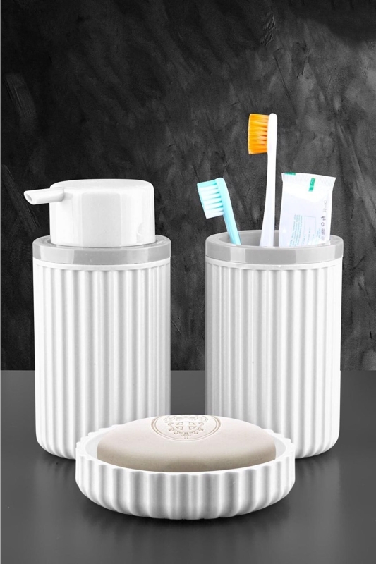 Lines Serisi Beyaz Banyo Seti, 3 Parça Oval Akrilik Sabunluk Fırçalık ve Sıvı Sabunluk Takımı - 3319 - 2
